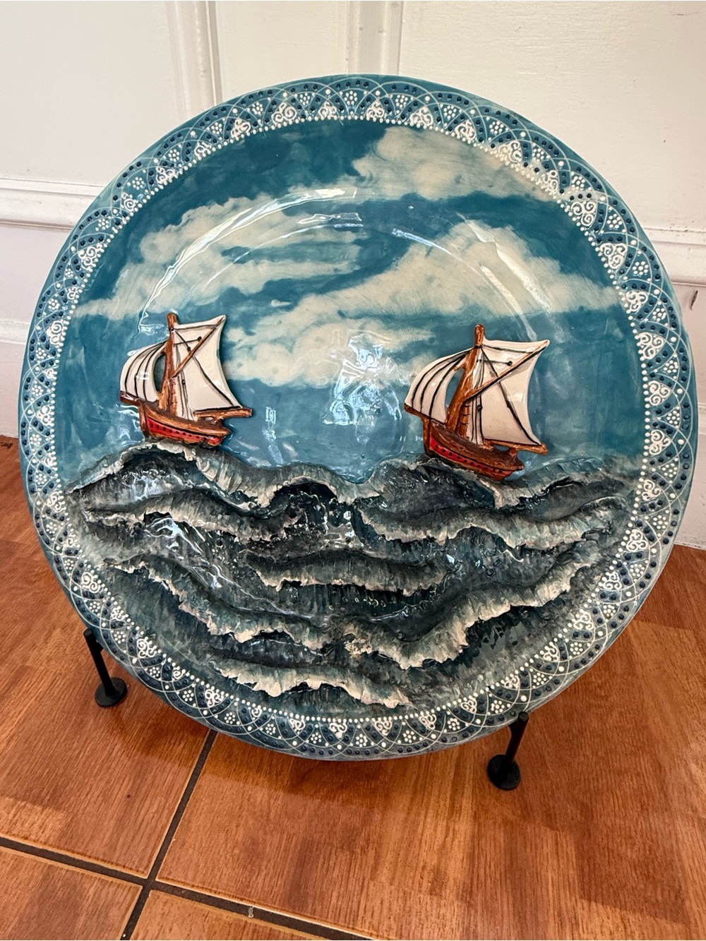Handcrafted Blue Ceramic Nautical Wall Plate with Sailing Boats